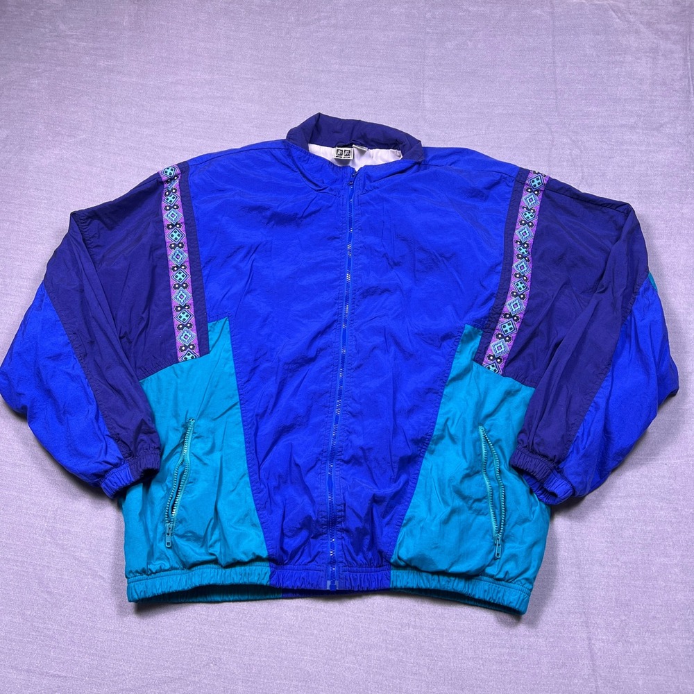 VTG Active Wear Track Jacket Blue‎ Purple Teal Geometric Stripe Full Zip Men's S